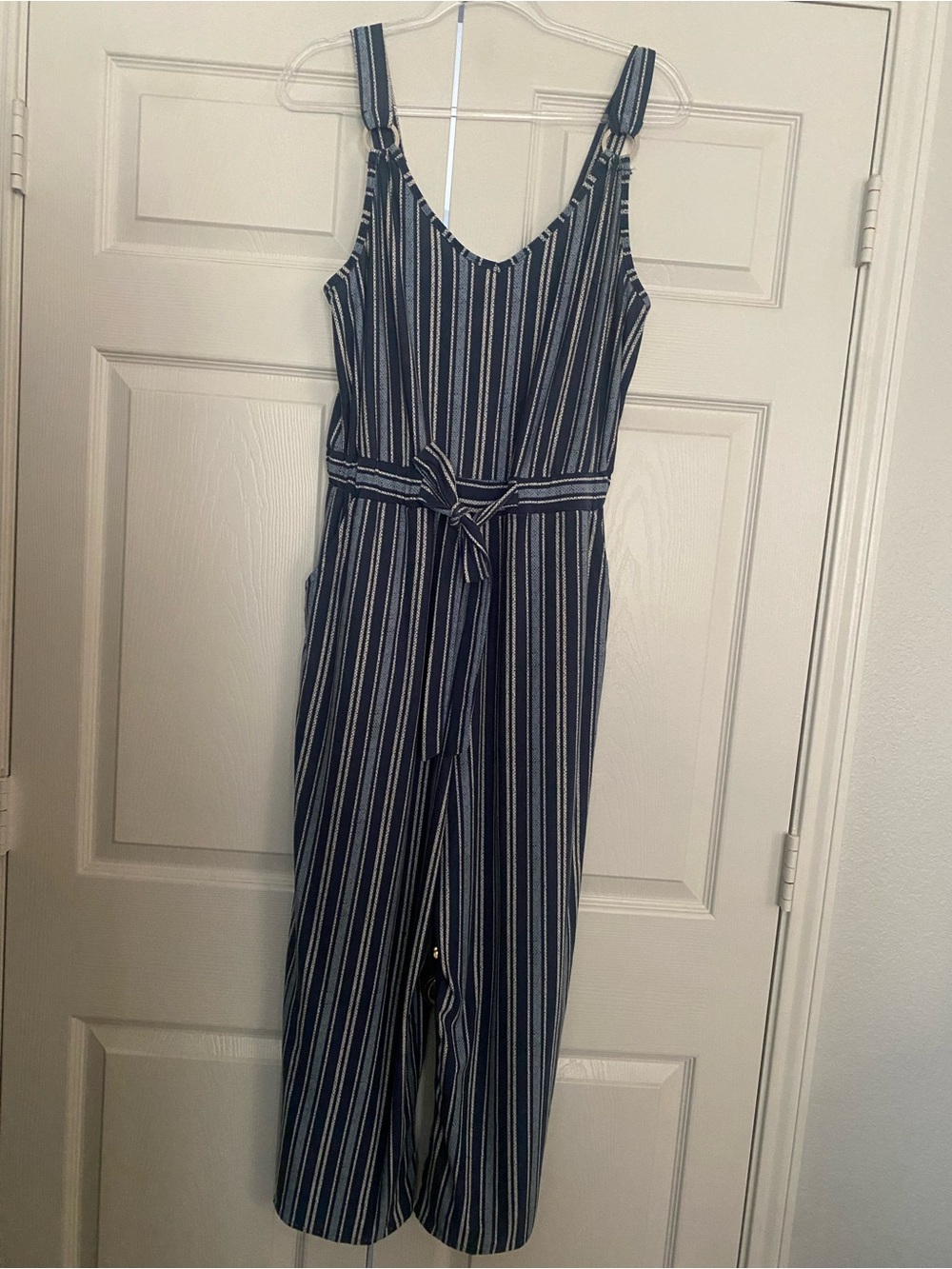 Derek Heart Navy and White Striped Tie-Waist Jumpsuit
